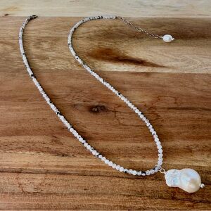Natural Light Gray Tonal Quartz Beaded Necklace, Baroque Pearl Pendant
